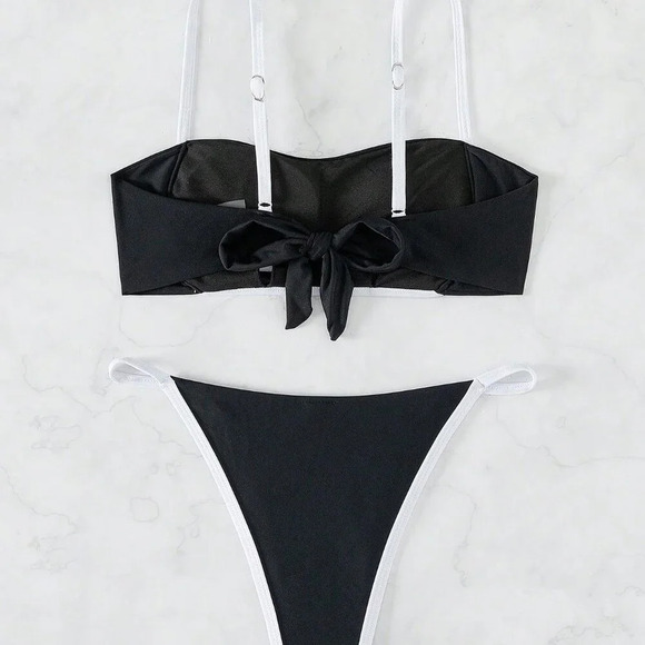 Black And White Women's Beach Contrast Binding Halter Bikini Set - Picture 5 of 7